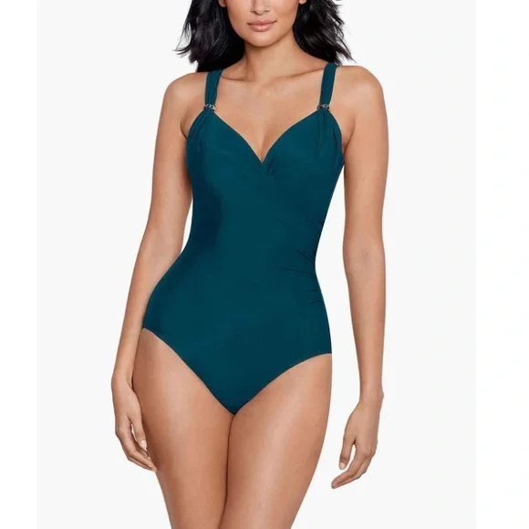 Miraclesuit Deep Teal Wrap-Style One-Piece Swimsuit - Picture 3 of 14